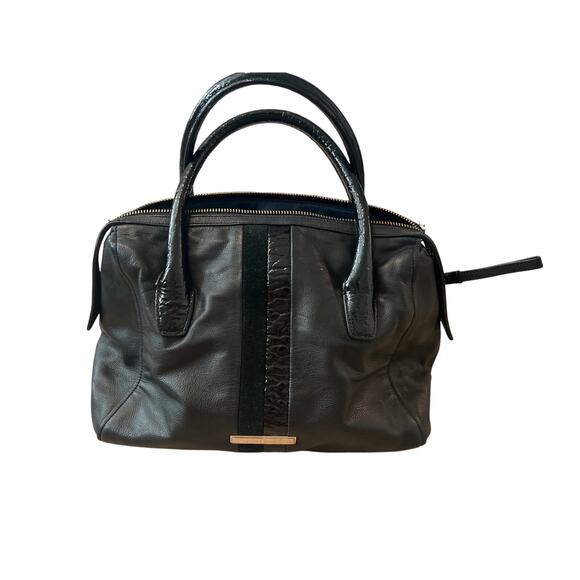 Cole Haan Black Soft Leather Satchel Handbag Gold Accents Navy Interior - Picture 1 of 9